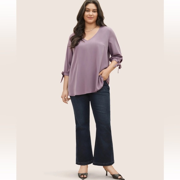 BloomChic Plus Size 3XL Plain Knotted Sleeve V Neck Blouse us22-24 - Picture 5 of 6